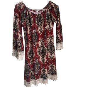 Boho Paisley Lace-Trim Tunic Top - Red
